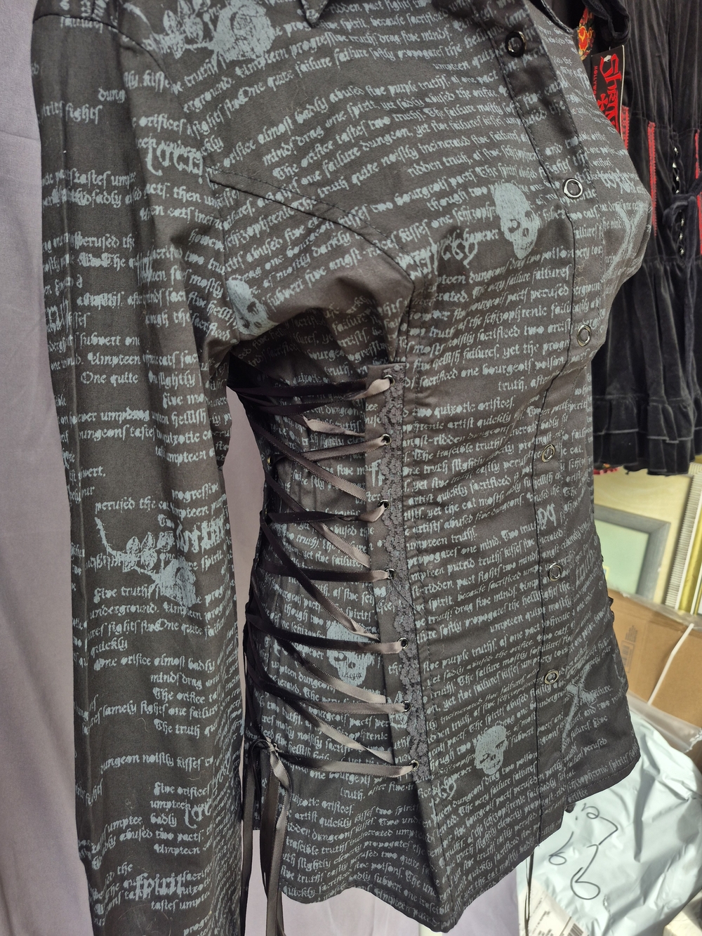 Vintage Lip Service "Morbid Curiosity" skull button-down, Lace Up corset top.